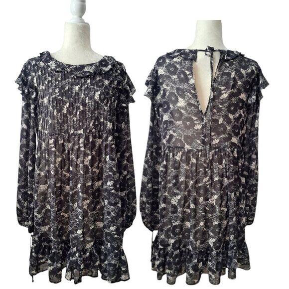Free People Women's These Dreams Long Sleeve Black Floral Ruffled Neck Sz Med - Picture 3 of 9